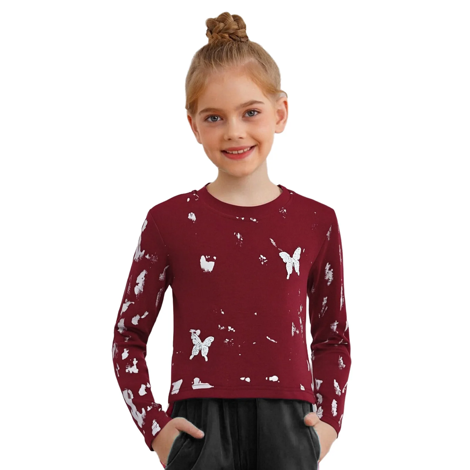 

Kids Girls Shirt Spring Fall Butterfly Printed Rhinestones Round Neck Long Sleeve T-shirt Hip-Hop Jazz Dance Performance Costume