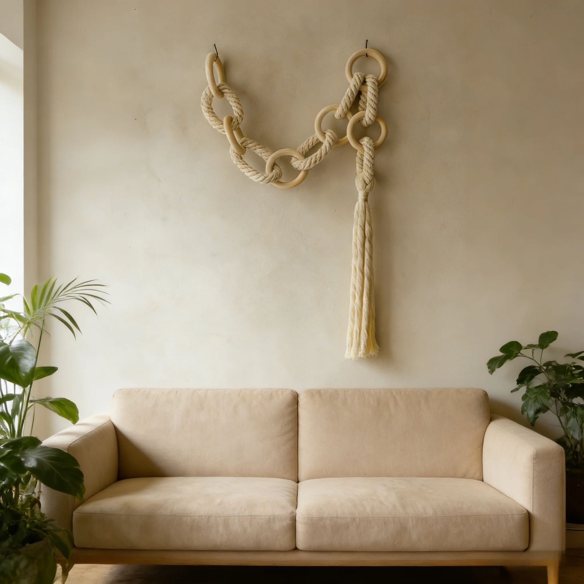 

Handcrafted Macrame Rope Chain with Natural Wooden Rings Cotton Rope Tassel Hanging Wall Decor for Home and Indoor Spaces