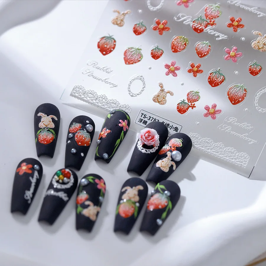 1pcs Kawaii Embroidery Bunny Strawberry Flower Nail Stickers 5D Thin 3D Nail Art Stickers Self Adhesive Nail Decoration Decals
