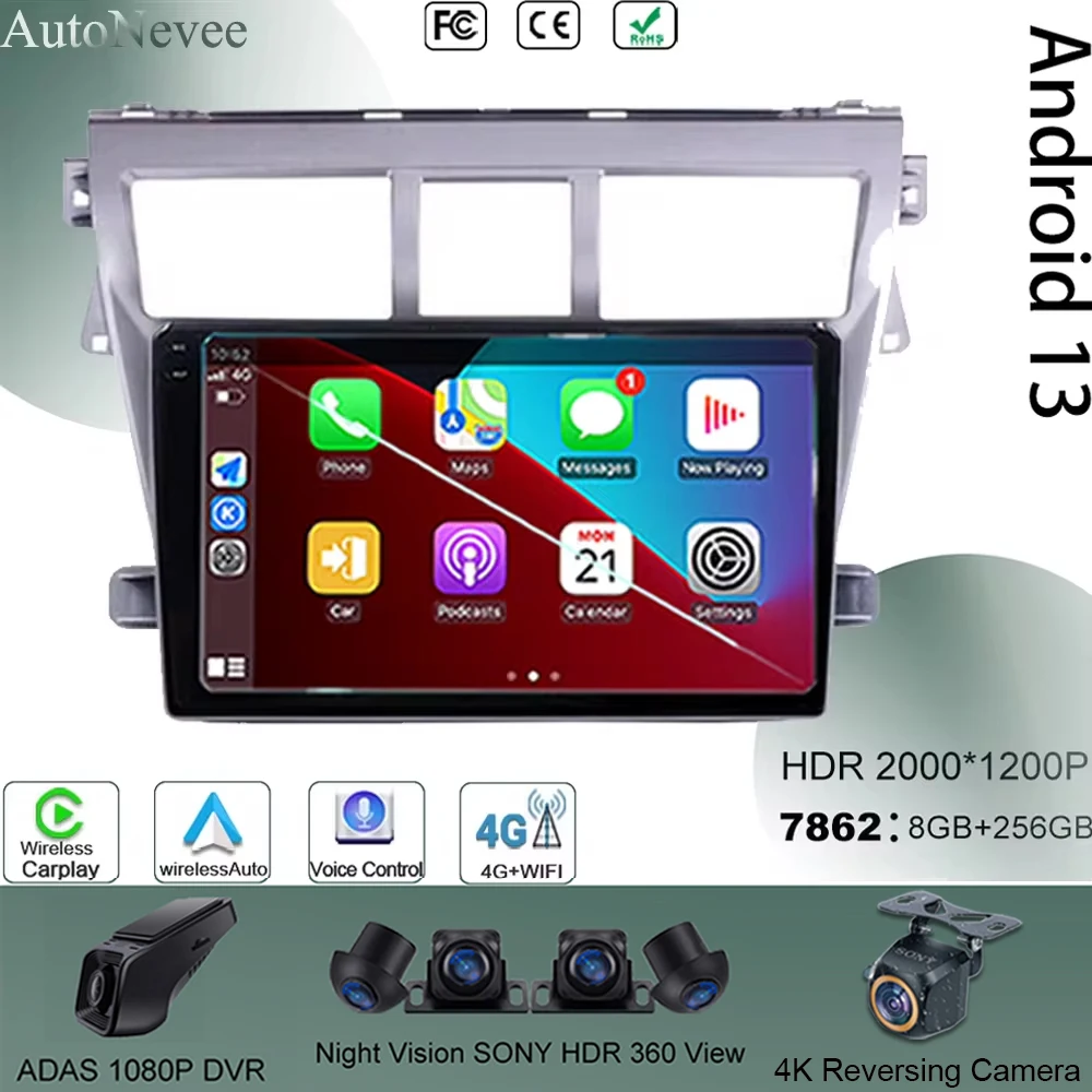 

Android 13 For Toyota VIOS Yaris 2007-2012 Monitor Touch Screen GPS Auto 5G Wifi Stereo Navigation CarPlay Radio DVD QLED TV