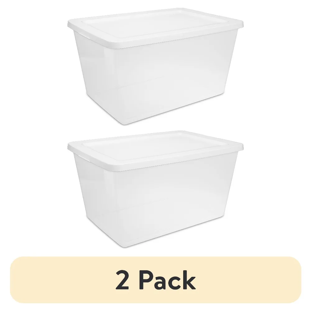 

2 Pack Medium Storage Bin 58 Quart Clear Plastic Container with Snap-On Lid White