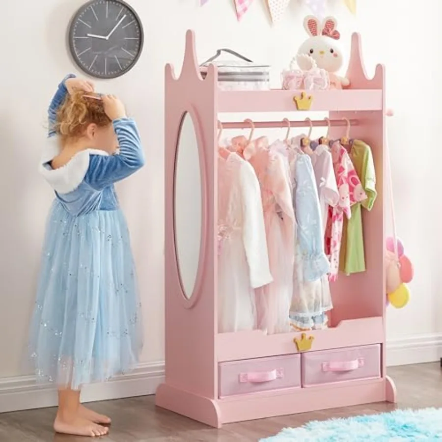 Pink Dress Up Storage Armoire with Full-Length Mirror and Non-Woven Drawers Open-Style Costume Closet with Adjustable Hanging R