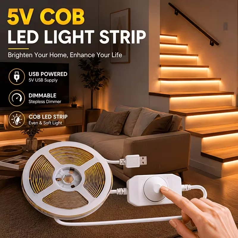 1 Led Light Strip with Knob Dimmer, Low Voltage 5V, USB Powered, Cob Flexible Spotless Led Strip, Adjustable Light Brightness, White Light/Neutral Light/Warm Light, Suitable for Space-Themed Decorations/Christmas/Hallo