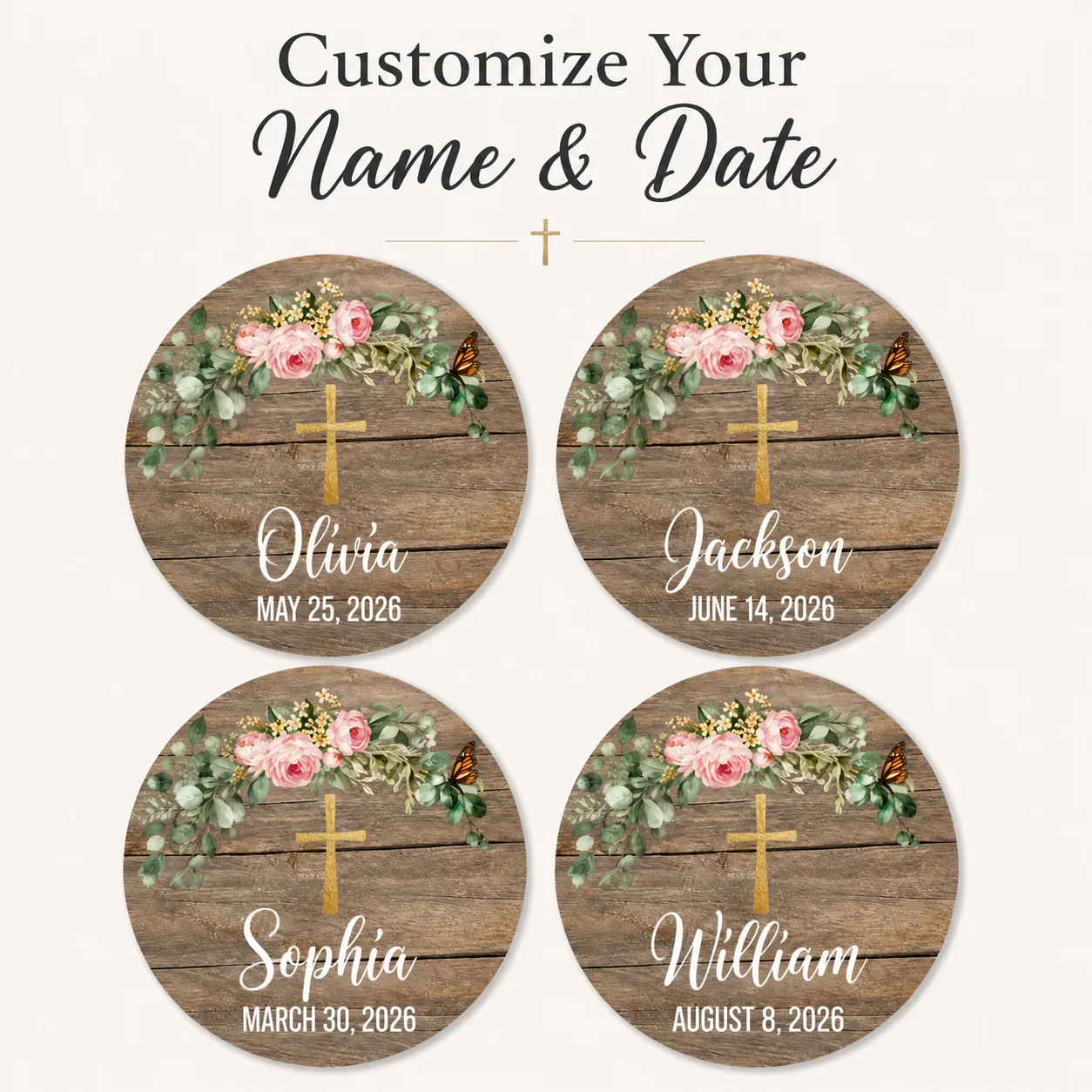 Customized First Communion thank-you stickers, personalized rustic wooden floral design, paired with a golden cross, elegant tags suitable for First Communion gifts and giveaways - view 3