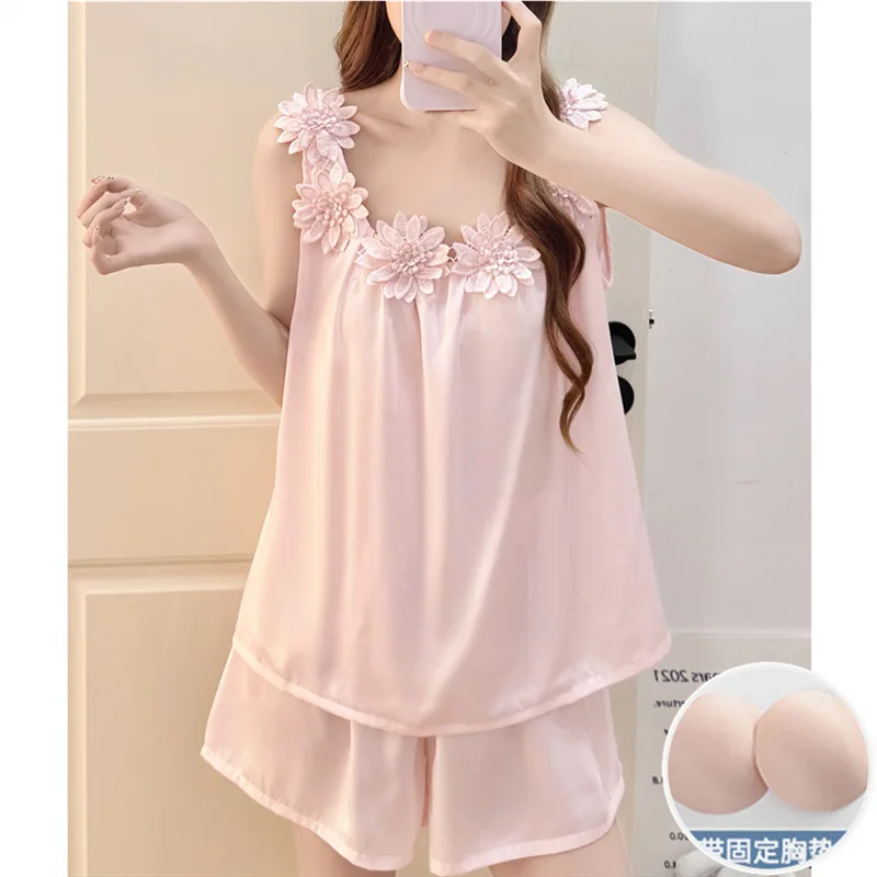 Summer Fresh Sweet Flower Ice Snow Ribbon Pajama Set Cool Comfortable Suspender Shorts Loungewear PInk Two Pieces Cool Sweet