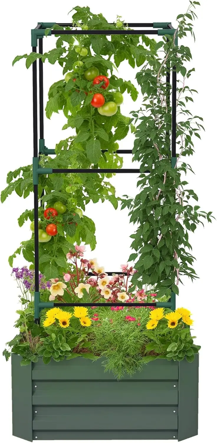 

Galvanized Raised Garden Bed, 55" Tall Outdoor Planter Box with Trellis Tomato Cage and Open Bottom for Climbing Vines, Vegetabl