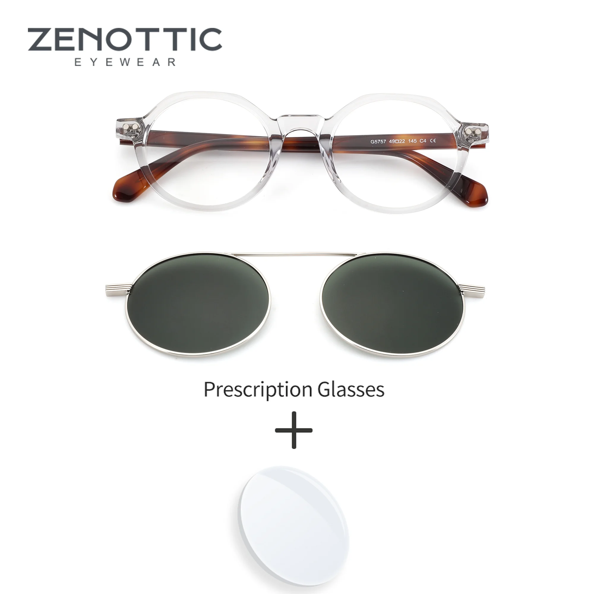 

ZENOTTIC M Size Clip On Men Oval Retro Art Acetate with Anti-Blue Light Lenses and Polarized Shades Prescription Glasses