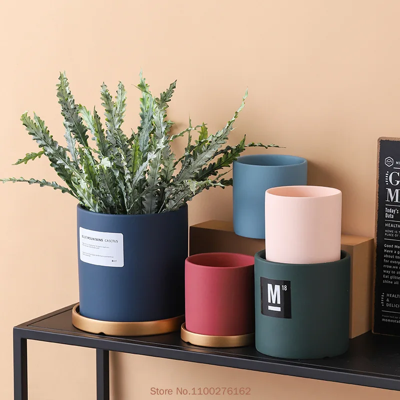 

1pc Cylindrical Flowerpot Indoor Green Plant Flower Pot Green Cactus Potted Plant with Golden Tray Ceramic Pot