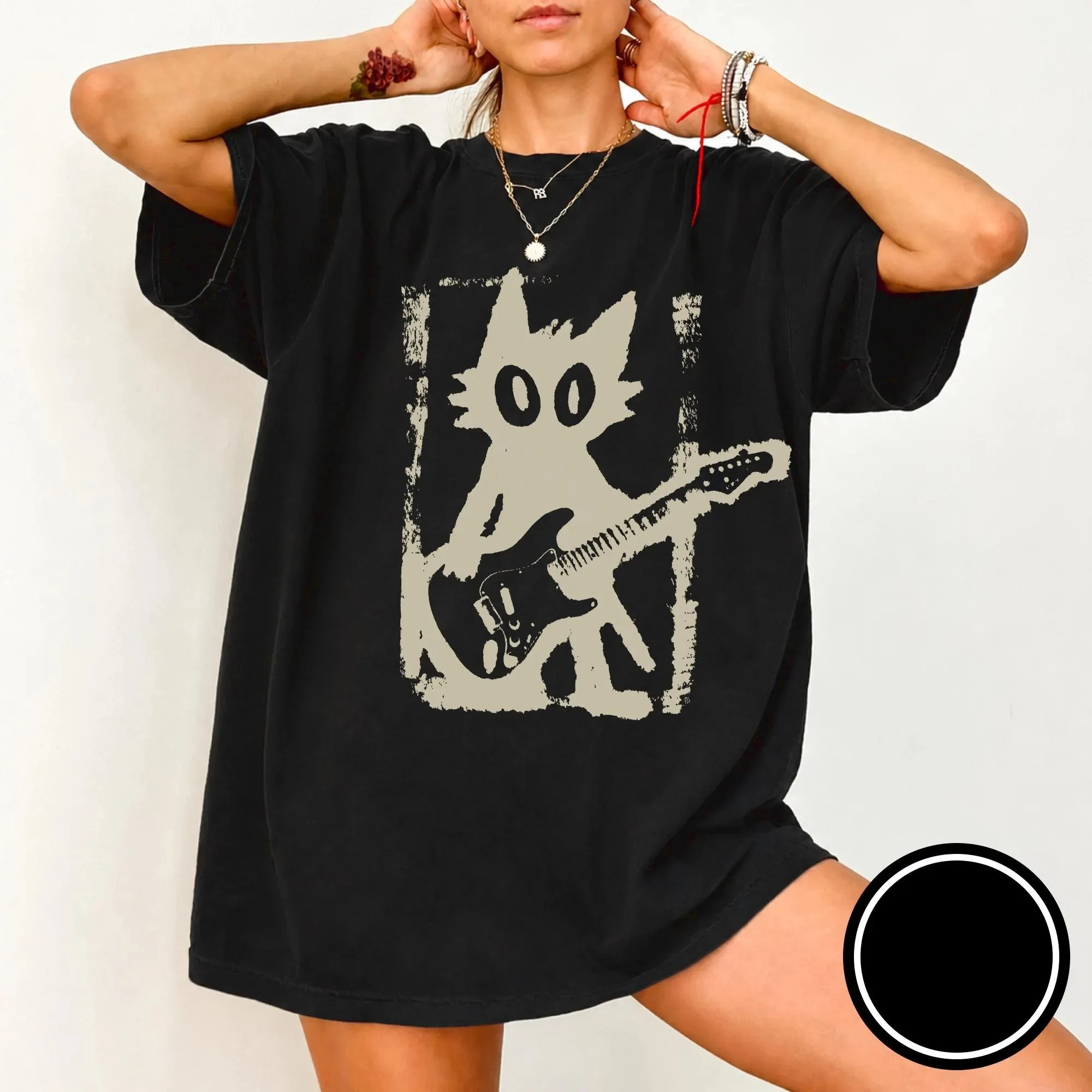 Vintage Rock Star Cat Graphic Tee Unisex Crew Neck Electric Guitar Kitty Grunge Punk Rock and Roll Music Lover Streetwear Tops