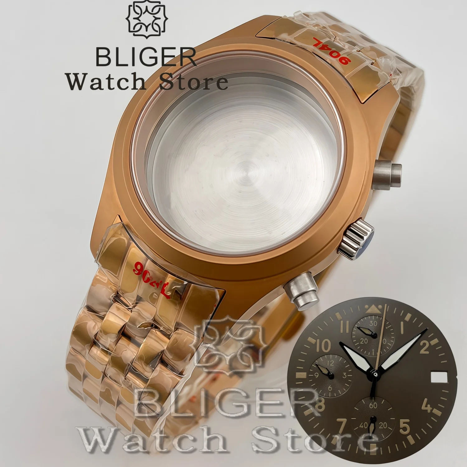 BLIGER 38mm Domed Sapphire Glass Case Dive Brushed Pilot Rose Gold Watch Case Strap Screw Crown Fit VK63 64 VK67 Quartz Movement