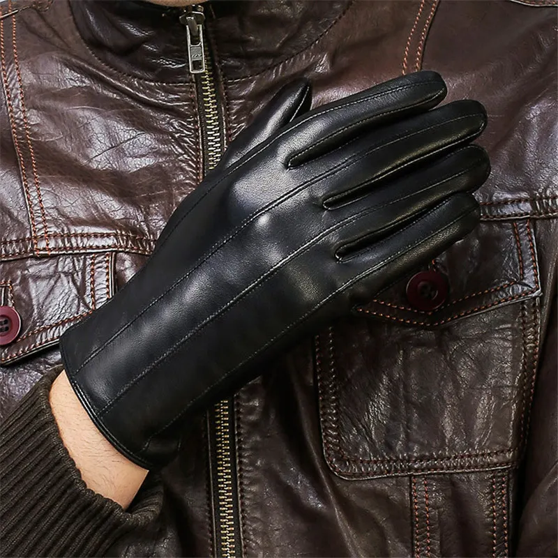 

Real Leather Men Gloves Autumn Winter Plus Velvet Thicken Fashion Black Thermal Lambskin Driving Gloves Male XC-109-2