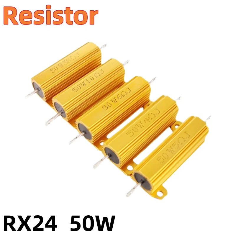 Rx24 50w alumínio potência metal escudo fio enrolado resistor 5 6 7 8 9 10 12 15 18 22 25 30 33 40 47 50 51 60 ohm 33k 50k 100k 200k