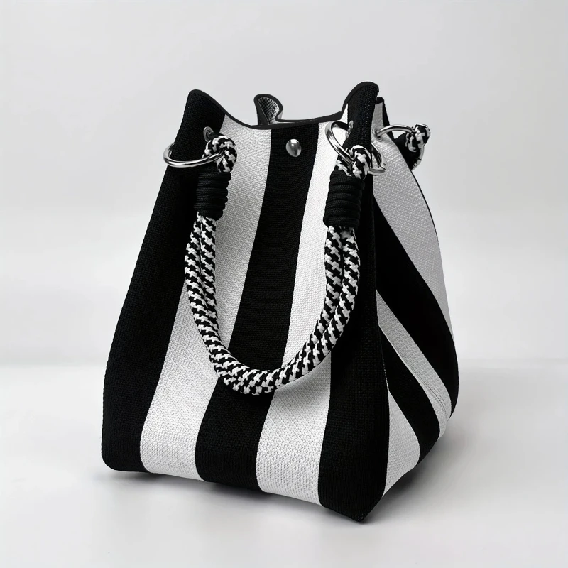 Versatile Geometric Contrast Handbag Plaid Striped Unique Ring Buckle Korean Style Shopping Tote Clutch