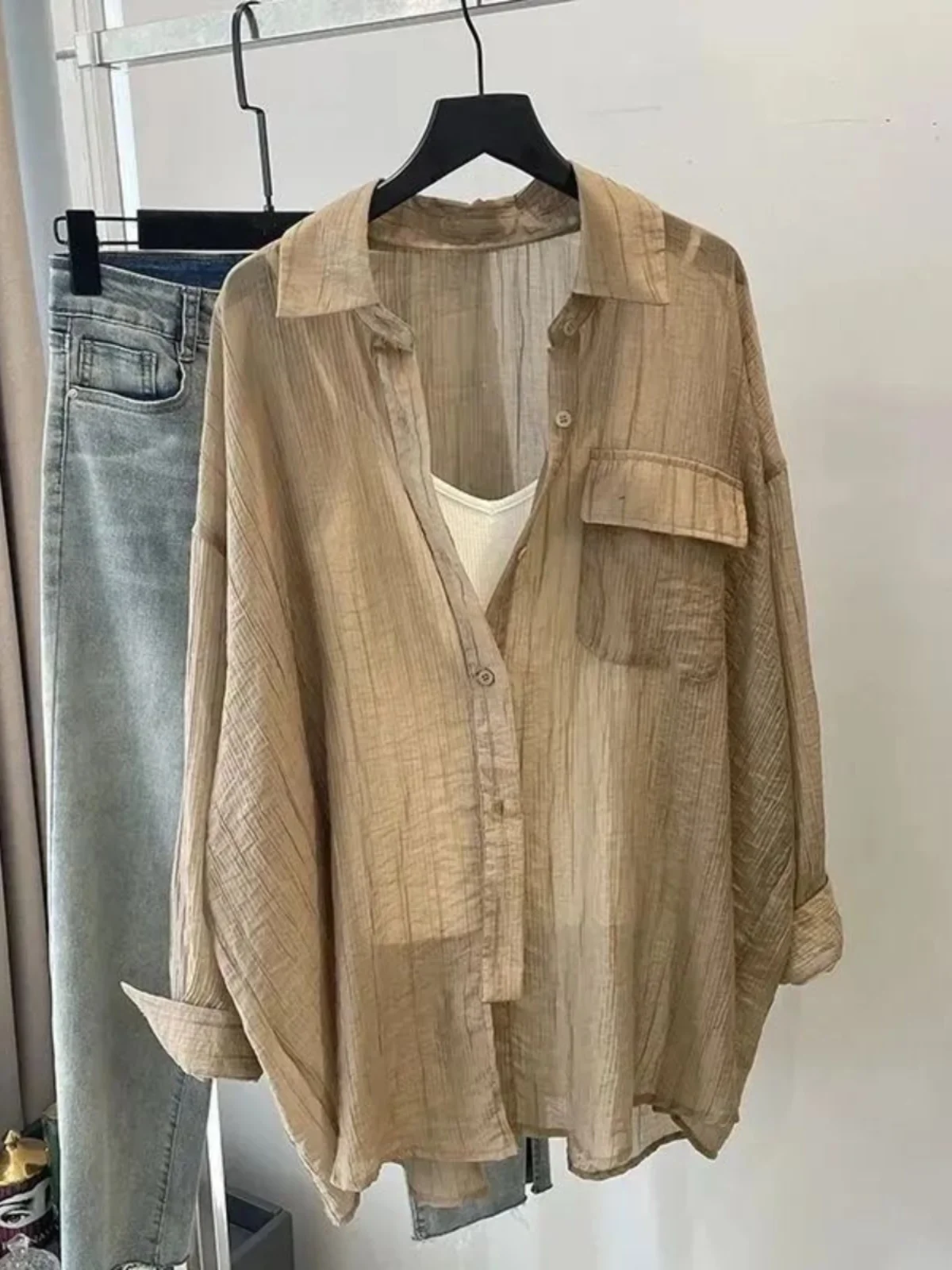 Camicetta estiva sottile coreana Sle in puro colore da donna, design ampio, lunga protezione solare, irt, casual, chic, in cotone di seta