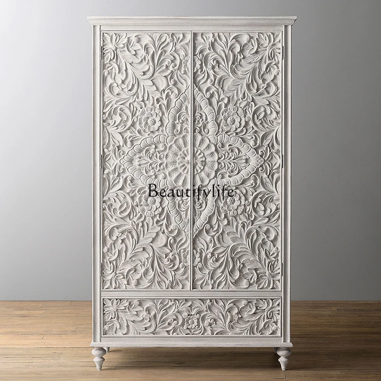 

American country solid wood carving French retro style double door folio storage wardrobe