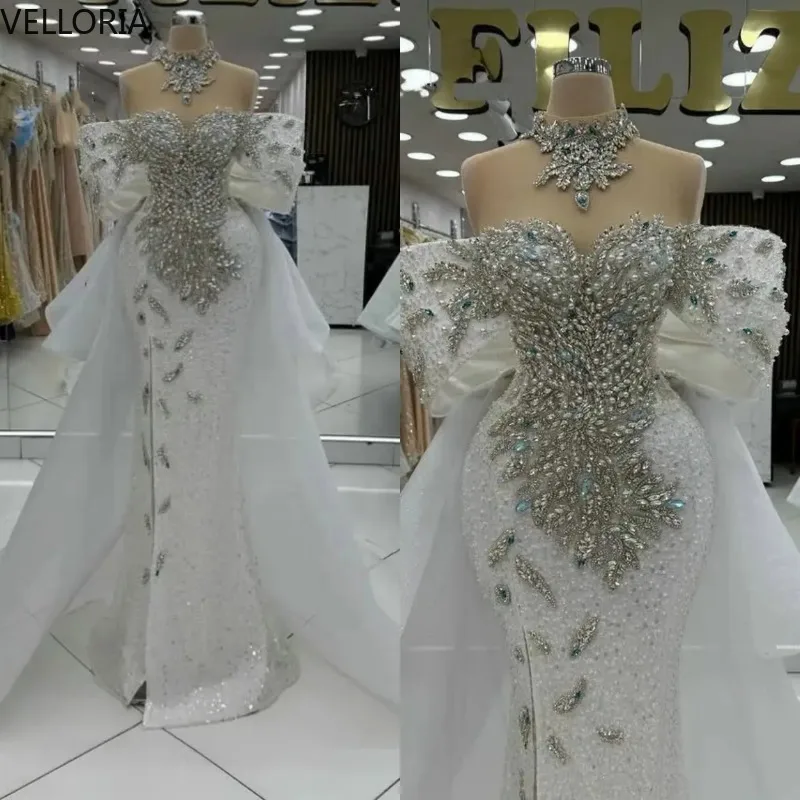 Vestidos de noite de luxo para mulheres fora do ombro sem mangas vestido de baile pérolas apliques trem cristal vestido de festa personalizado