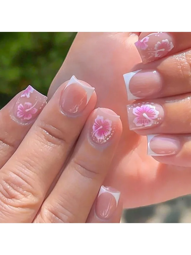 24 Stück französische künstliche Nägel mit Blumenmuster, rosa Hibiskus-Design, vollständige Abdeckung, zum Aufdrücken, tragbare künstliche Fingertips für Frauen und Mädchen