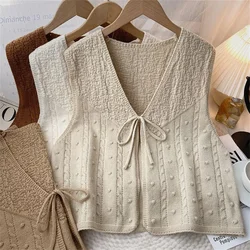 Lace Up Sweater Vest Women New Korean V-neck Sleeveless Simple Knitted Cardigan Female Waistcoat Autumn Loose Casual Top V765