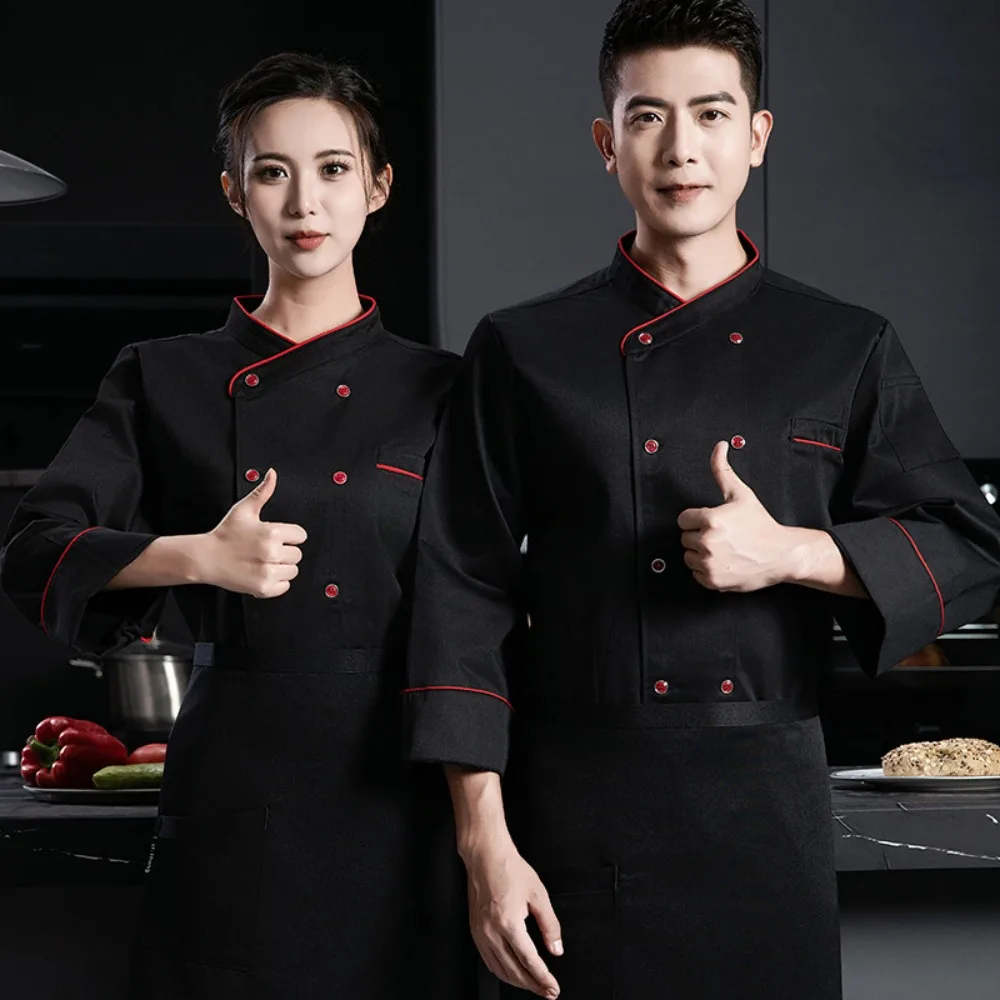 프랑스 요리사 작업복 긴 소매 가을 및 겨울 베이킹 제빵 요리사 주방 케이터링 남녀 공용 주방 유니폼