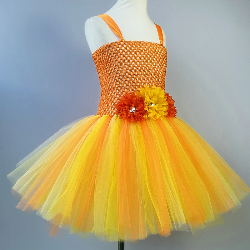 Orange Gold Butterfly Fairy Flower Tutu Dress for Halloween Costumes Fairy Princess Dresses Birthday Outfit