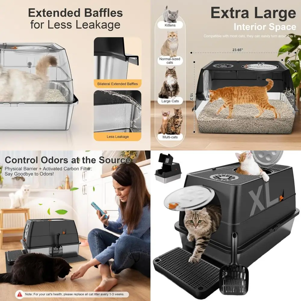 

Extra Large Stainless Steel Litter Box with Lid, Top Entry, High-Sided for Large Cats, Easy Clean, Less Spillage, Includes Mat &
