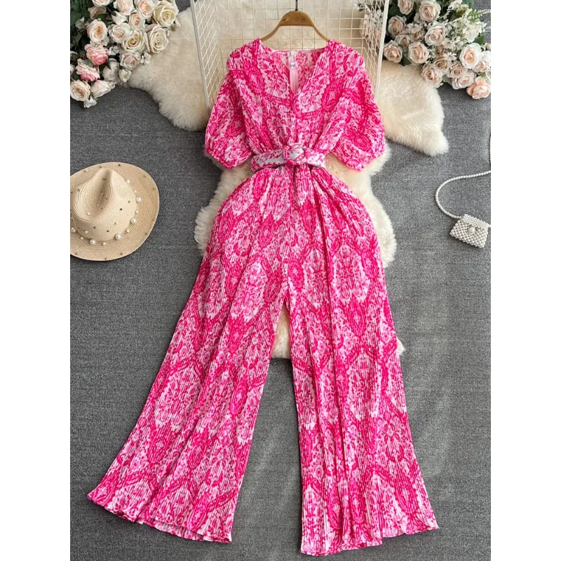 Sweet Memory Summer Women Print Draped Romper Female Vintage V-Neck Short Puff Sleeve High Waist Pleated Wide Leg Jumpsuits