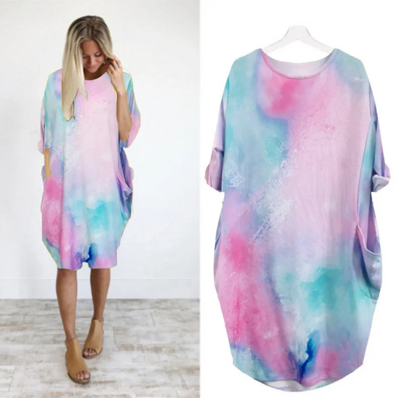 

Factory Direct Sales Foreign Trade Women's Clothing Casual Loose Pockets Long Sleeve plus Size Tie-Dye Print Dress