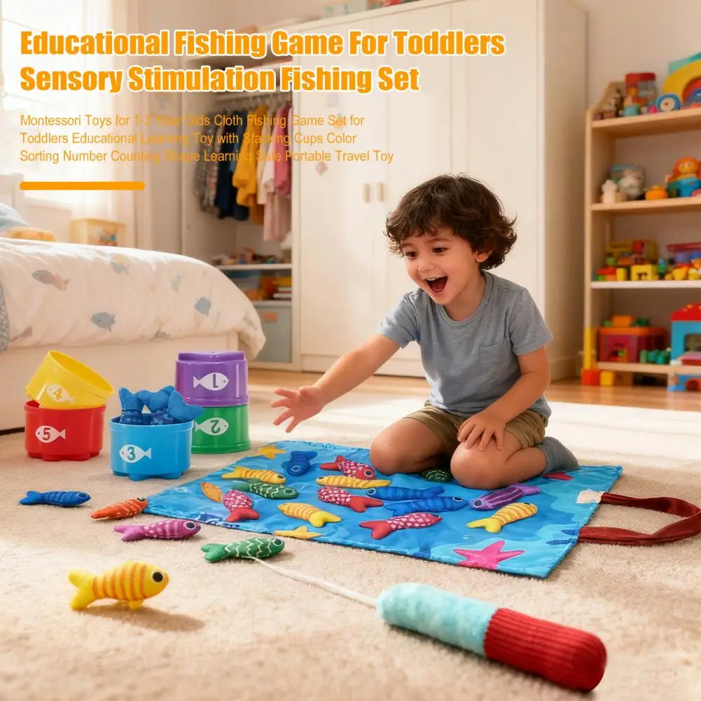 Kids Fishing Toys Plush Little Fishpond Set Simulating Fishing Games Number Color Cognition Fine Motor Training Montessori Toys