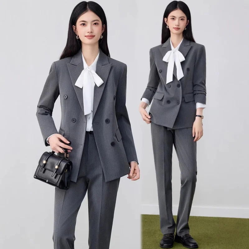 New Blue Double Breasted Suit Set for Women Elegant Workwear2025Autumn Workplace Manager Professional and Sophisticated