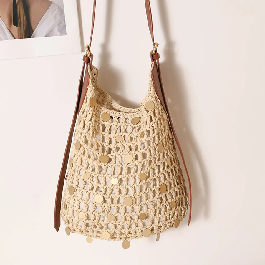 

Ladies Summer Straw Crossbody Bag Hollow Out Beach Holiday Shopping Woven Sequins Shoulder Handbag Messenger Purses For Women Ba
