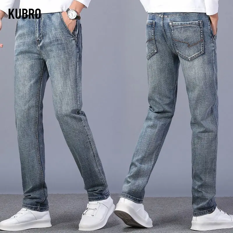 Celana Jeans Pria Vintage Straight-Leg Gaya Eropa Slim Fit Kasual Celana Denim Pria Berkualitas Tinggi Celana Denim Pria Empat Musim