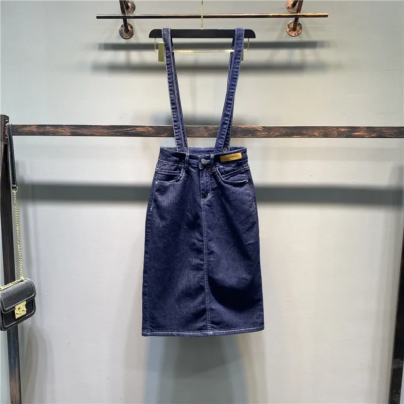 

Women Long Denim Skirt With Straps Women Button Jeans Skirts High Waist Pencil Skirt Denim Skirts
