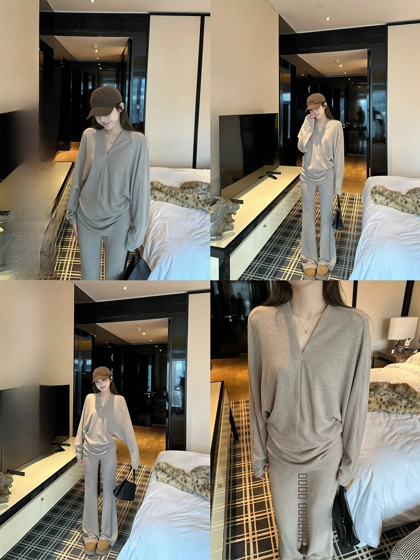 

Женский зимний комплект: футболка с V-образным вырезом и рукавами «летучая мышь» на молнии и свободные брюки прямого кроя. Удобный, дышащий, повседневный.