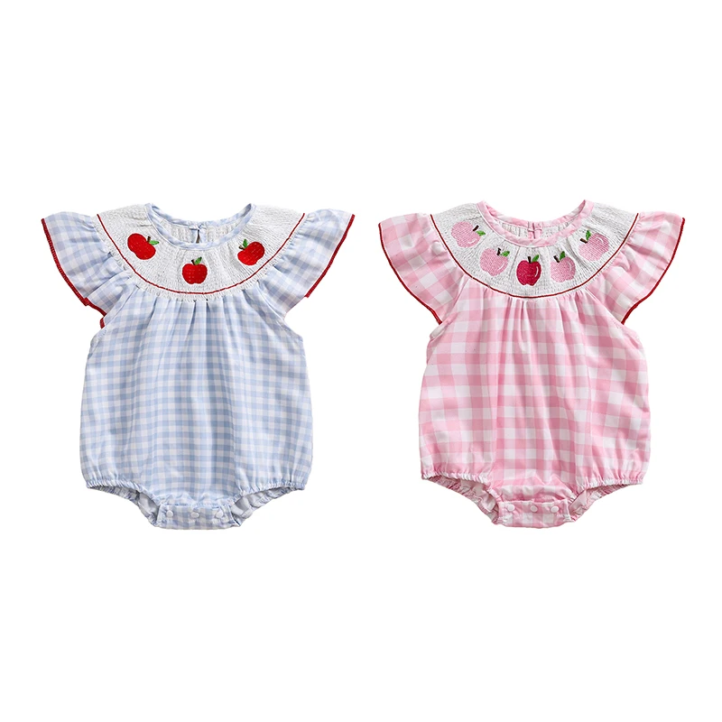 Baby Girl Fall Romper Apple Embroidered Plaid Short Sleeve Round Neck Ruffled Jumpsuits