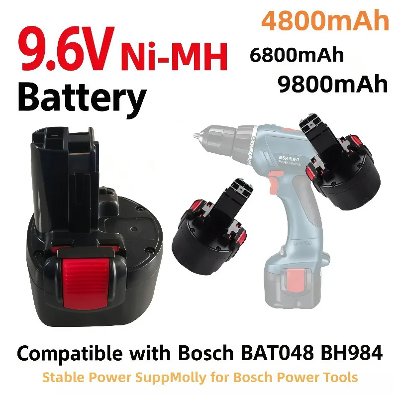 9.6V Ni-MH Battery Replacement Compatible Bosch BAT048 BH984, 4800/6800/9800/12800mAh Stable Power for Power Tools