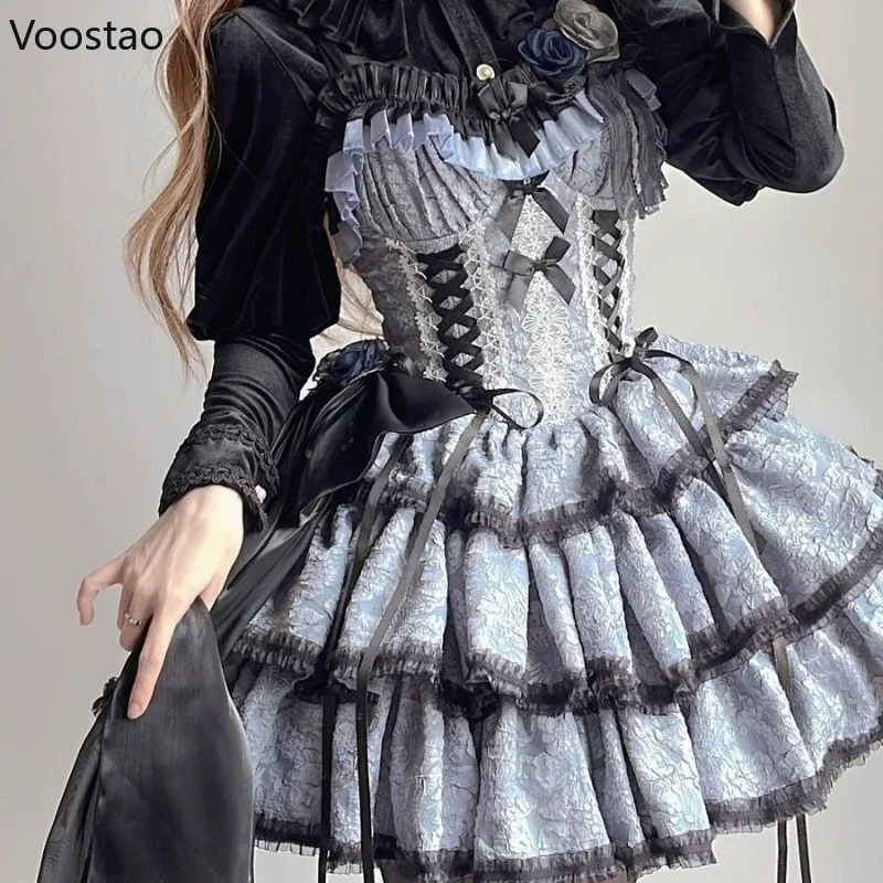 Gothic Lolita JSK Kleid Damen Viktorianisches Vintage elegantes Blumenrüschen Spitze Bandage Minikleider Halloween Mädchen süßes Punkkleid