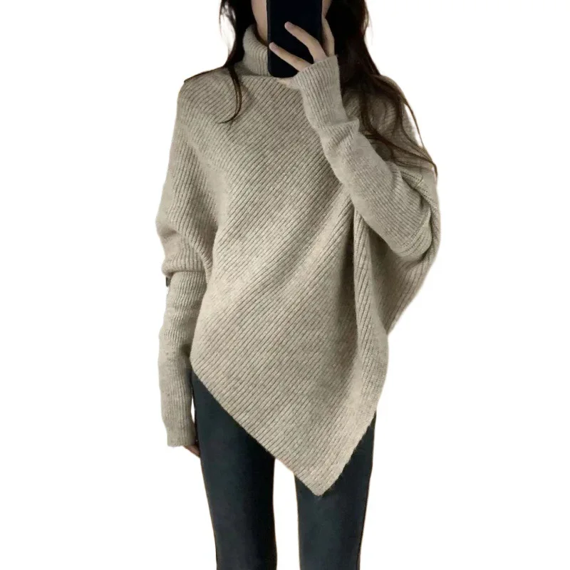 Irregular High Neck Solid Color Sweater for Women In Autumn and Winter 2024, Loose and Lazy Style Knitted Top, Thickened