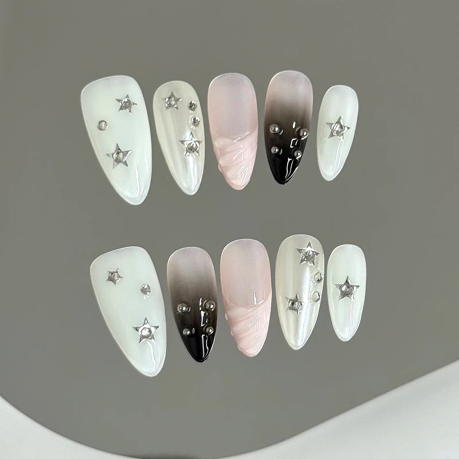 10pcs Almond Fake Nails Star Glitter False Nails Handmade Rhinestone Artificial Nails For Women Party Wedding Salon Decoration