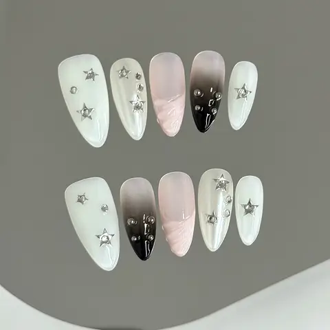 10pcs Almond Fake Nails Star Glitter False Nails Handmade Rhinestone Artificial Nails For Women Party Wedding Salon Decoration