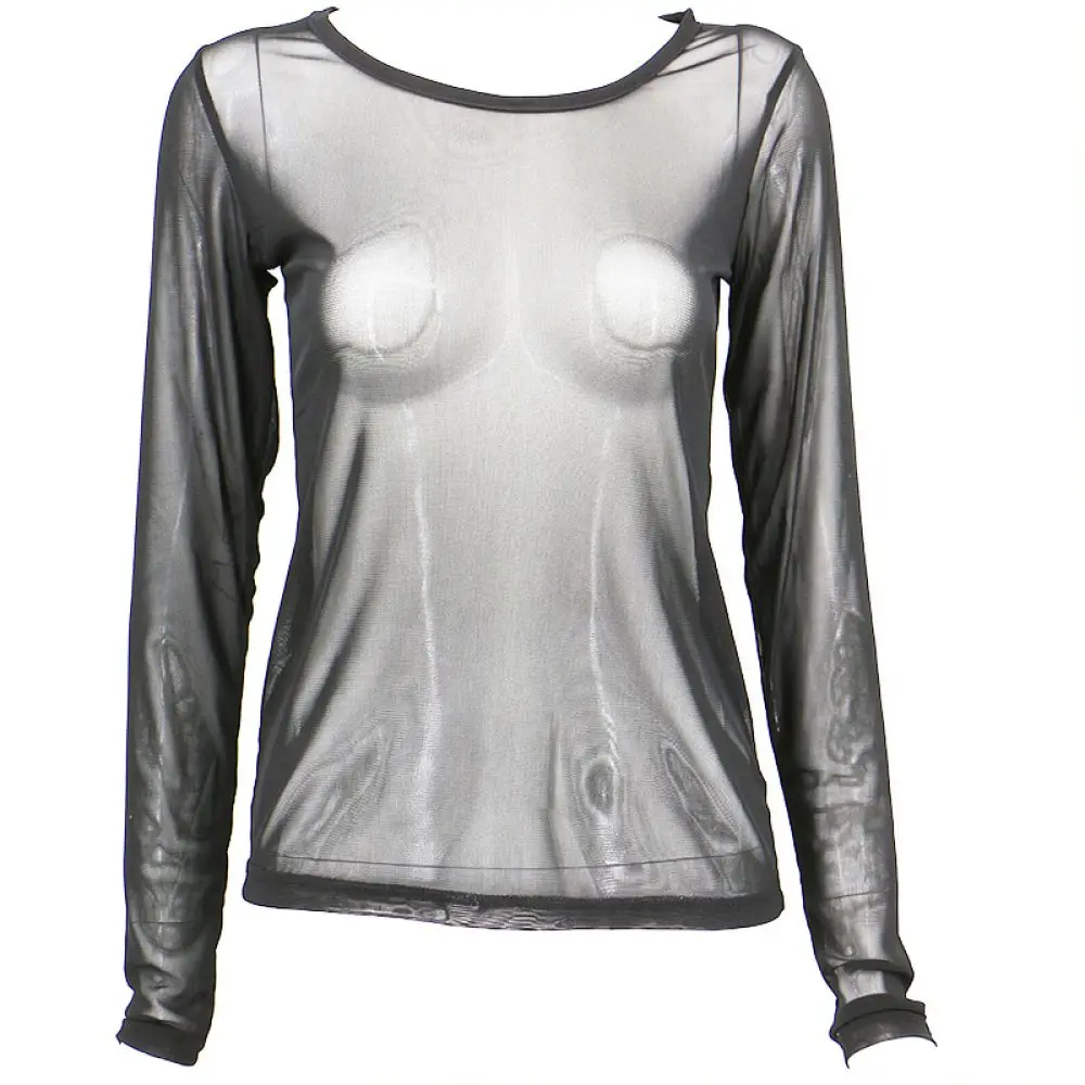 Camiseta de malla de manga larga, sexy, para mujer, de color negro, transparente, con diseño que permite ver la piel, de corte ajustado, con tejido elástico, elegante y moderna.