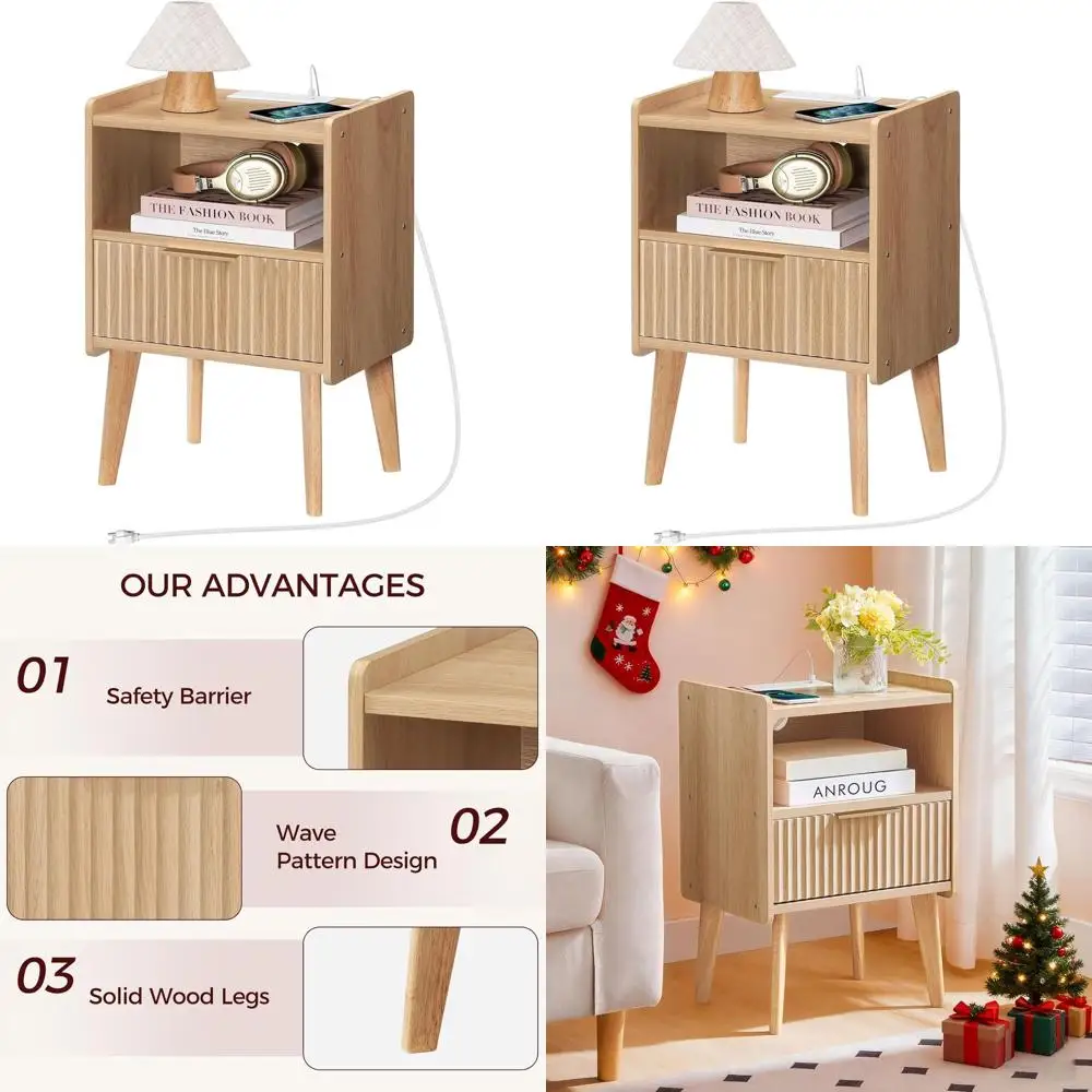 

Contemporary Nightstand with Charging, Drawer & Shelf - Solid Wood Legs for Living and Bedroom Spaces, Compact Design