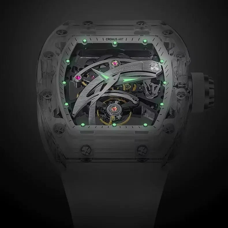 

CRONUSART мужские автоматические часы роскошные 50 мм механические наручные часы Tonneau с сапфировым корпусом светящийся циферблат со скелетонизированным лезвием