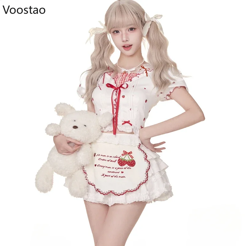 

Sweet Lolita Style 3 Piece Set Women Kawaii Strawberry Print Blouse Tops Apron White Mini Skirts Suit Female Korean Y2k Outfits