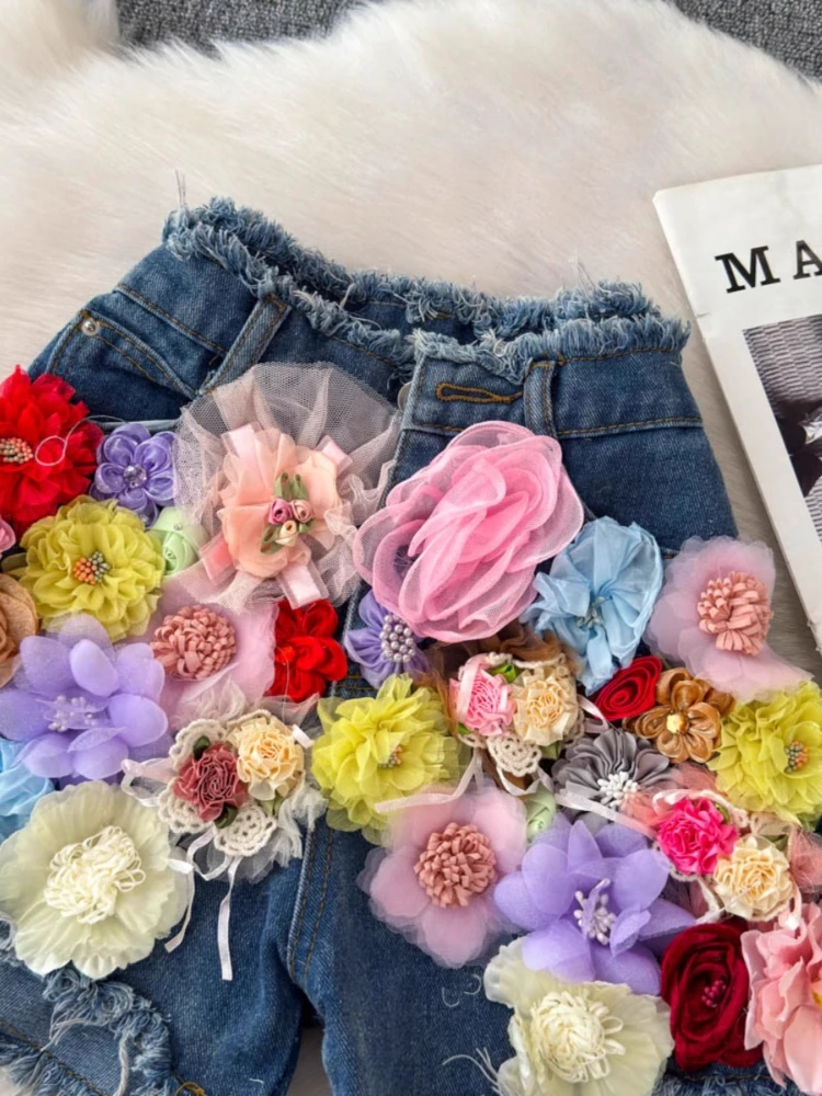 컬러 꽃 데님 반바지 패션 Y2k 스트리트 청바지 2025 여름 새로운 높은 허리 슬리밍 섹시한 향신료 소녀 넓은 다리 핫 바지 여성