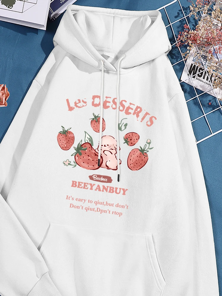 

Strawberry Rabbit Printing Womens Sport Shirts Basics Drawstring Hoodie Leisure Loose Comfy Tracksuit Cartoon Oversized Clothing