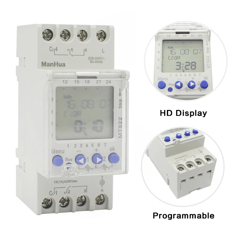 Electronic Weekly 7 Days Digital Timer Switch Multi-functional Relay Time Controller 250VAC 16A 2 Channels Din Rail Mount MT822