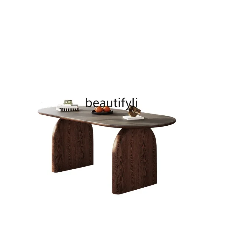 

High-end solid wood dining table light luxury home restaurant minimalist style new walnut oval rock slab dining table