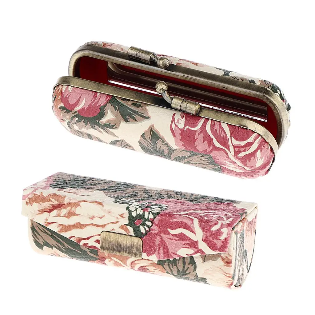 Makeup Holder Case PU Leather Lip Balm Storage Box with Mirror for Purse