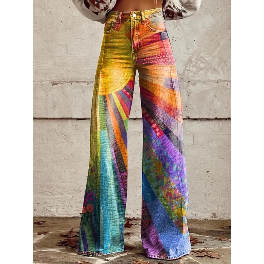 Damen Boho Blumenmuster High-Waist Weite Hose Retro Y2K Western Lässige Loose-Fit Hose mit Taschen Sexy Mädchenhafte Streetwear – Detail 5