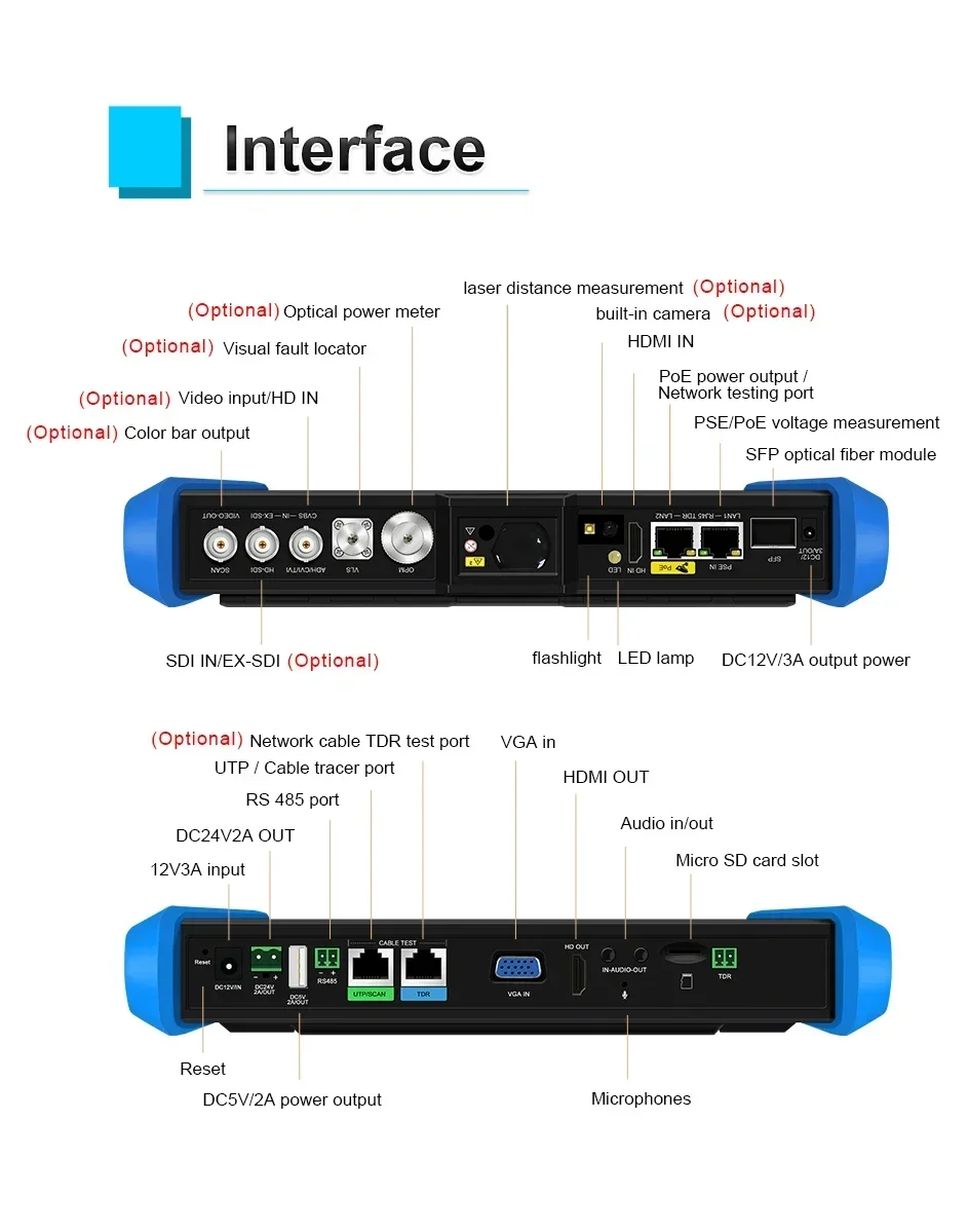 T90 CCTV-tester 4K H.265 IP- en analoge cameratester, 8MP CVI/TVI/AHD, PoE++ 60W, HDMI 4K, VGA-ingang, SFP-glasvezelpoort, Wi-Fi-analysator